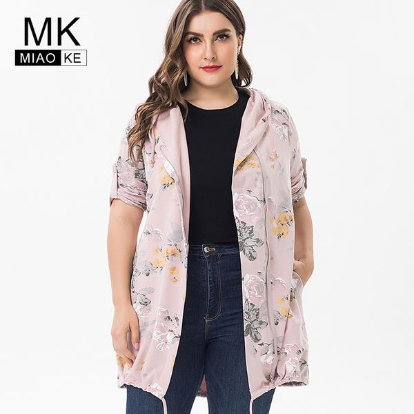 

miaoke 2019 spring ladies plus size trench coat for womens clothing fashion large size vintage female print floral jacket, Tan;black