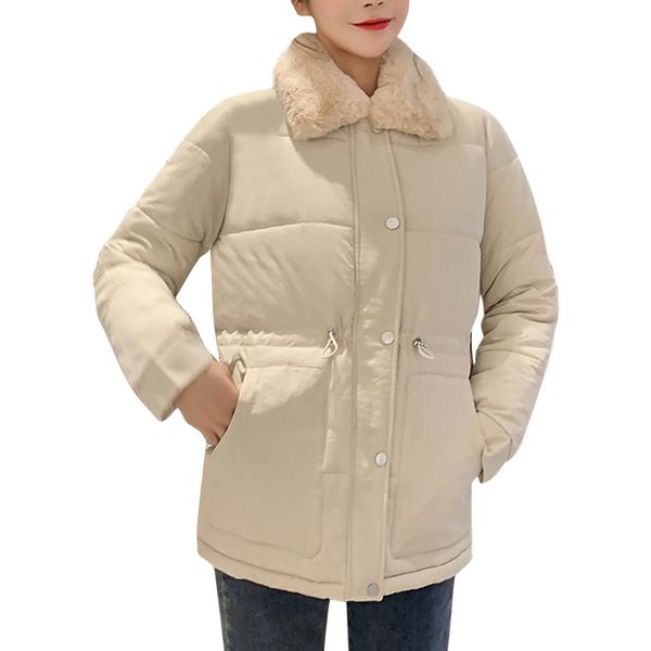 

women's big fur collar down jacket fashion women lapel imitation wool jacket coat warm long sleeves solid korea outwear overcoat, Black