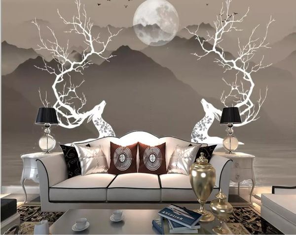 

hand painted elk sika deer landscape tv background wall wall mural p wallpaper