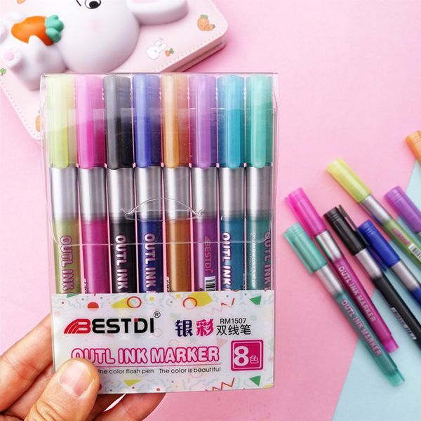 

8 colors metallic double lines art markers outline pen stationery art drawing pens for calligraphy lettering color scrapbooking