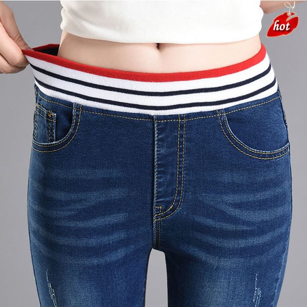 

women's jeans skinny winter warm for woman elastic high waist thick velvet stretch denim pencil pants plus size o8r2, Blue