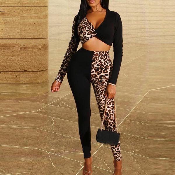 

women two piece set and pants tracksuit women club long sleeve leopard splicing set casual long pants outfit#3, Black;blue