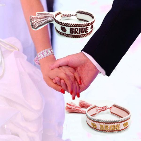 

fashion brand fabric bracelet bride wedding cotton jewelry letter embroidery tassel lace-up bracelet woven bangle for female, Golden;silver