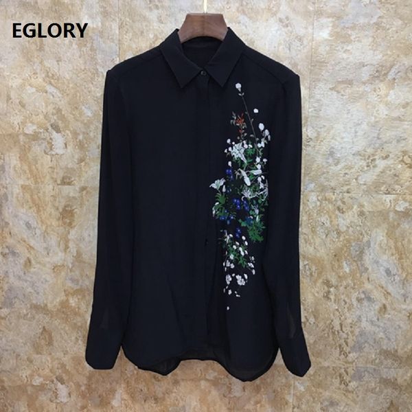 

100%silk blouse shirts 2019 autumn fashion blouses woman turn-down collar elegant flower print long sleeve shirt blusas, White