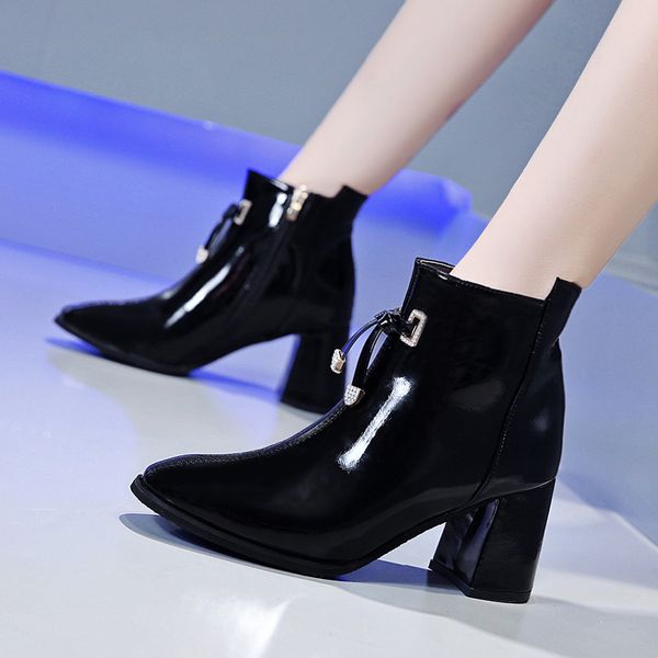 

2020 retro women boots vintage block heel boots side zipper high heels women shoes big sizes zapatillas mujer u22-07, Black