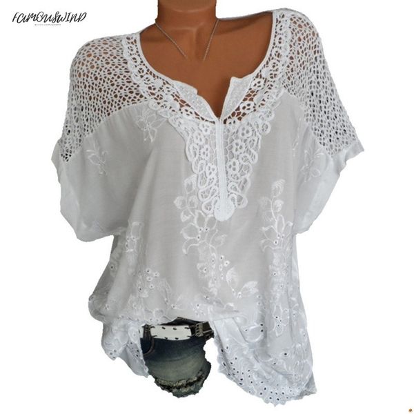 

плюс размер 5xl женщины цветочные кружева крючком блузка сексуальные рубашки выдалбливают верхняя лето повседневная блузки с коротким рукаво, White