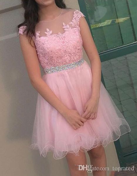 

pink short homecoming dresses a-line capped sleeve beading lace cute round-neck 16 prom gowns knee-length cocktail dresses custom made, Blue;pink
