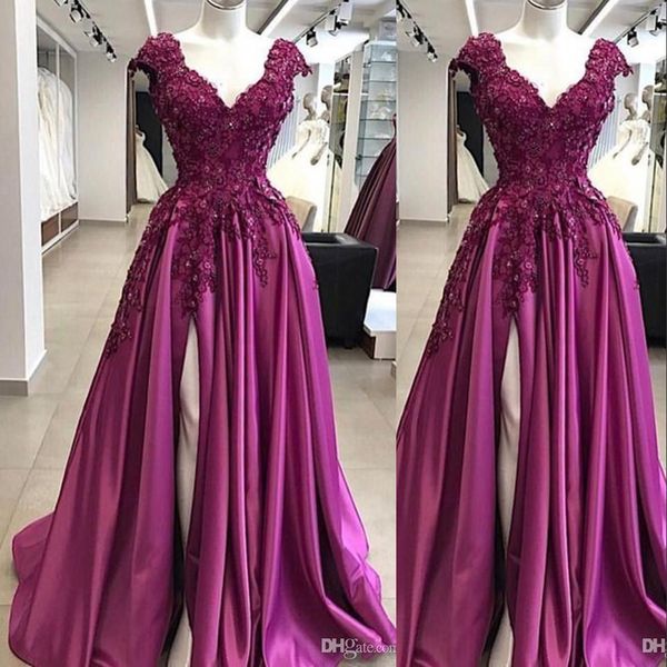 

new purple evening dresses wear for women v neck lace appliques cap sleeves high split floor length formal prom dress party gowns, Black;red