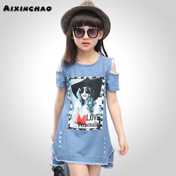 

aixinghao children dresses for girls casual denim strapless dress girls summer teenage cartoon pattern girls denim clothes 8 10 y200317, Red;yellow