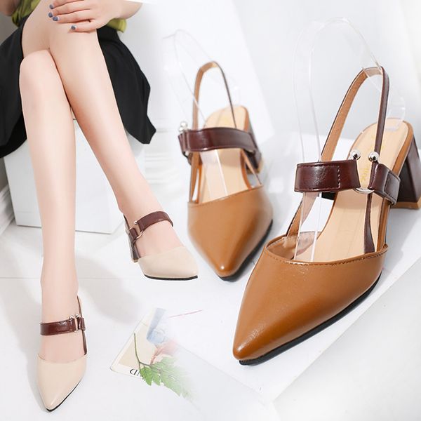 

2020 summer hollow sandals women elegant heeled pointed toe pumps women shoes slip on sandals high heels brown beige, Black