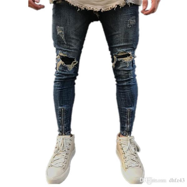 

pop2019 washed men's hole zip jeans, Blue