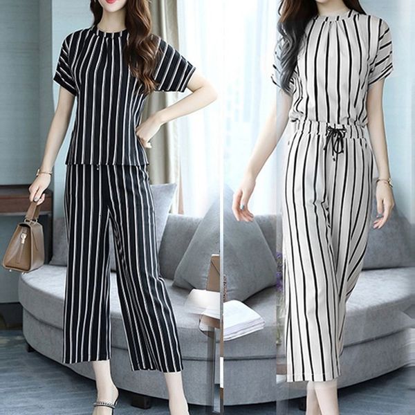 

business casual women outfits elegant stripe office lady blouse women long pants casual two piece outfits summer lace up g3, Gray