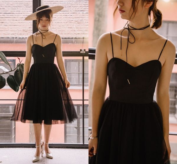 

black ball gown prom dress satin with tulle tea length party dress