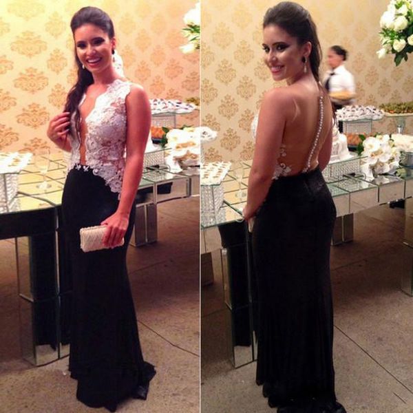 

kaftan hollow back long black chiffon prom dress white lace appliques women evening gowns