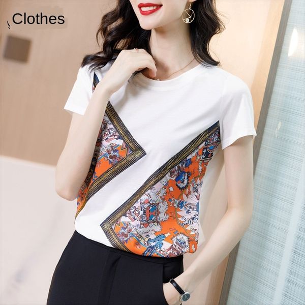 

and printing cotton clothing clothes and clothing short-sleeved t-shirt women's short-sleeved loose western style small clothes tempera, White