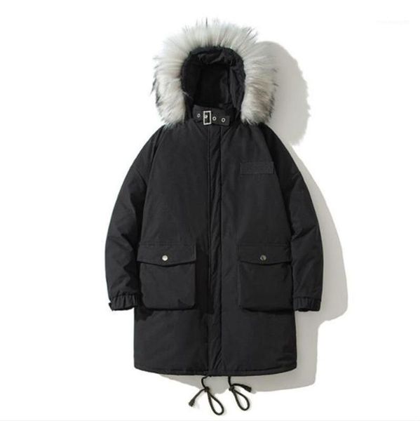 

casual hooded with fur mens solid long sleeve loose coats winter designer coats mens thick outerwear, Black