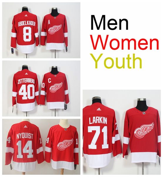 

men women youth detroit red wings brand stitched 8 justin abdelkader 40 henrik zetterberg 14 gustav nyquist 71 dylan larkin hockey jerseys, Black;red