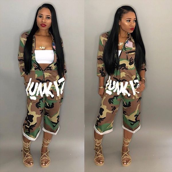 

ahvit camouflage casual women playsuits short sleeve turn down collar letter printed zipper pocket slim fit women romper ls6078, Black;white