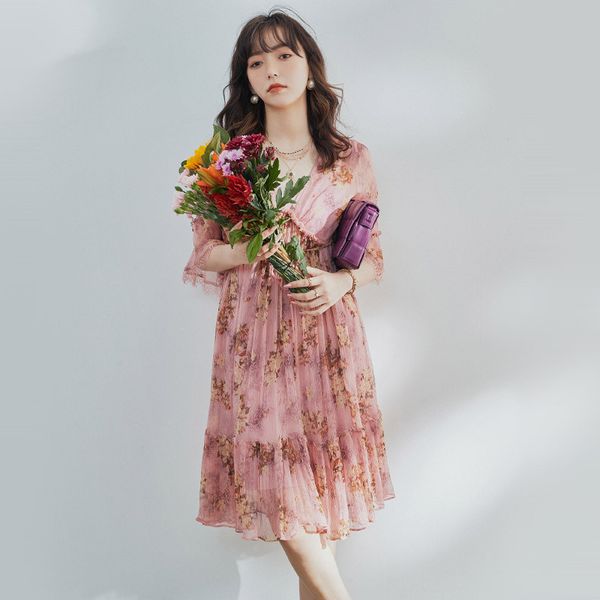 

crossmio платье летом 2020 новый женский шелковицы небольшой сексуальный v-образный вырез талии тонкий сладкий цветочный, Black;gray