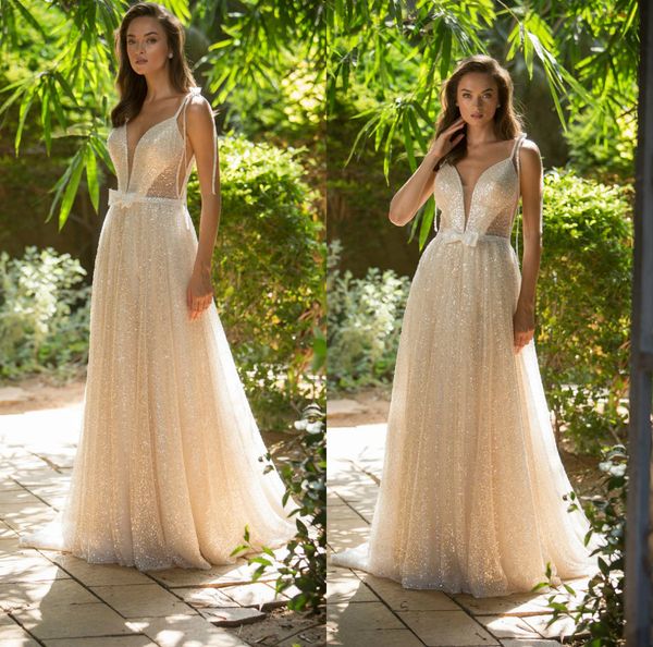 

2020 fashion wedding dresses spaghetti straps lace sequins bridal gowns custom made sweep train designer a-line wedding dress, White