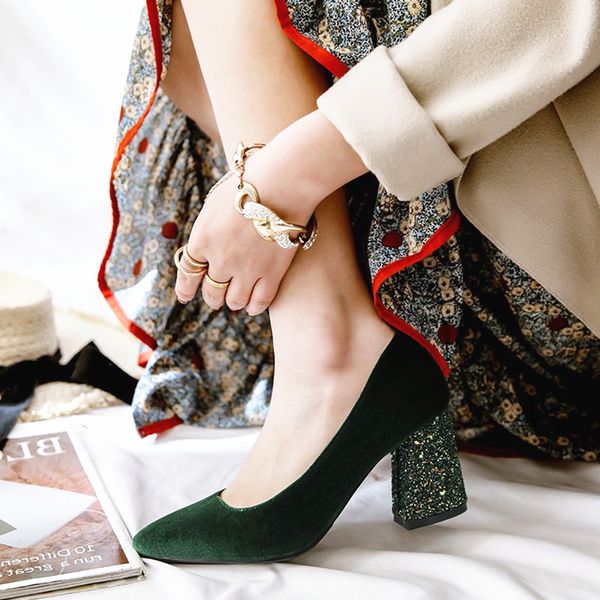 

new female 7.5cm high glitter heels block pumps ladies chunky tacones heels woman scarpin elegant party wedding shoes 32-43, Black