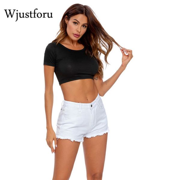 

wjustforu summer fashion bodycon denim shorts for women casual solid color mid waist jeans ripped retro white hip hop shorts, Blue