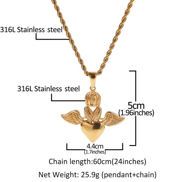 

fashion crown wings love pendant 60cm hip hop stainless steel gold plated necklace silver plated necklace