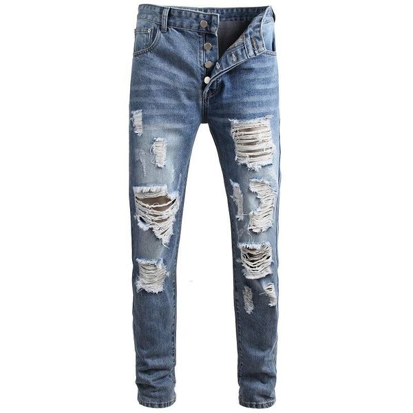 

mens new arrival solid hole jeans plus size jeans slim fit male biker club denim pants, Blue