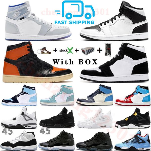 

Быстрая перевозка груза 2020 Black Cat 4 4s Белый плескаться 1 1s WMNS Увеличить Гонщик Синий Mens Basketball обувь UNC 11 11s Спортивные тапки