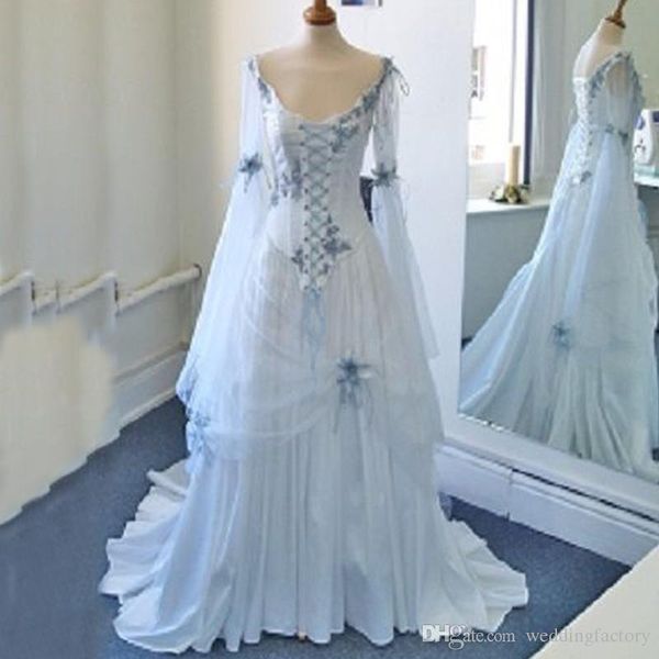 

wedding dresses white and pale blue colorful medieval bridal gowns scoop neckline corset long bell sleeves appliques flowers