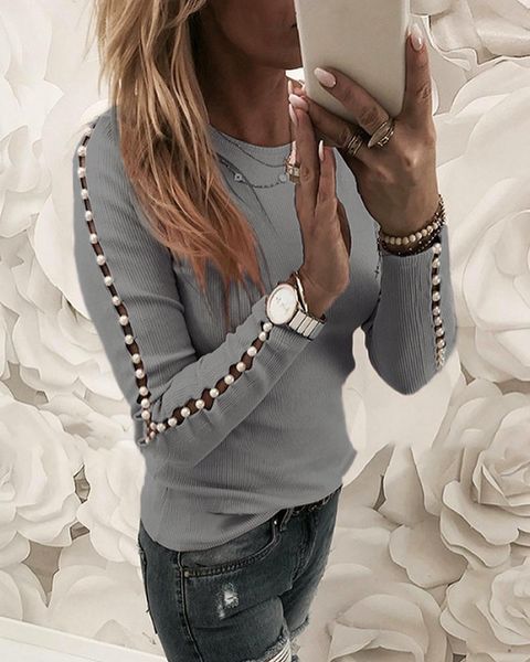 

splicing hollow out design women bodycon blouse casual solid o-neck nail bead long sleeve autumn winter women clothes 2019, White