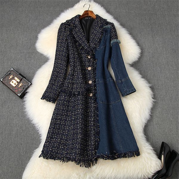 

runway fashion winter tweed woolen jackets and coats women 2019 denim patchwork plaid vintage long wool blend overcoat outerwear, Black