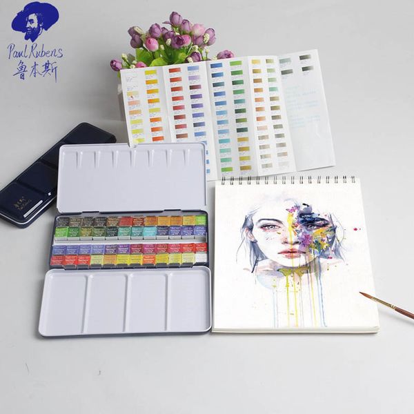 

rubens solid watercolor 24 color pigments chinese watercolor beginner paint set portable tin box art supplies