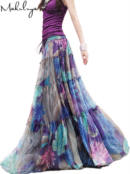 

makuluya violet purple elegant chiffon voile gentlewoman lithe all-match vintage casual fashion women pleated long skirts l6, Black