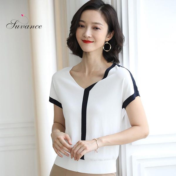 

suvacne 2019 summer office lady knitted v neck short sleeve 3 solid color sweater size s-xl women loose pullover jl-hy1927, White;black