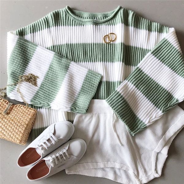 

women color block striped oversized sweaters long sleeve crewneck pullover loose chunky knit jumper, White;black