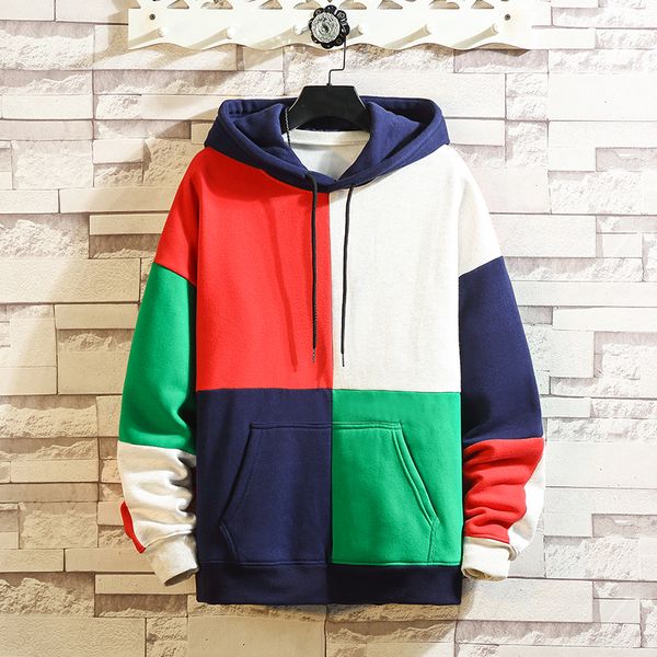 

designer brand autumn/winter new men's stitching hit loose loose casual fashion plus velvet thick hooded pullover, Black