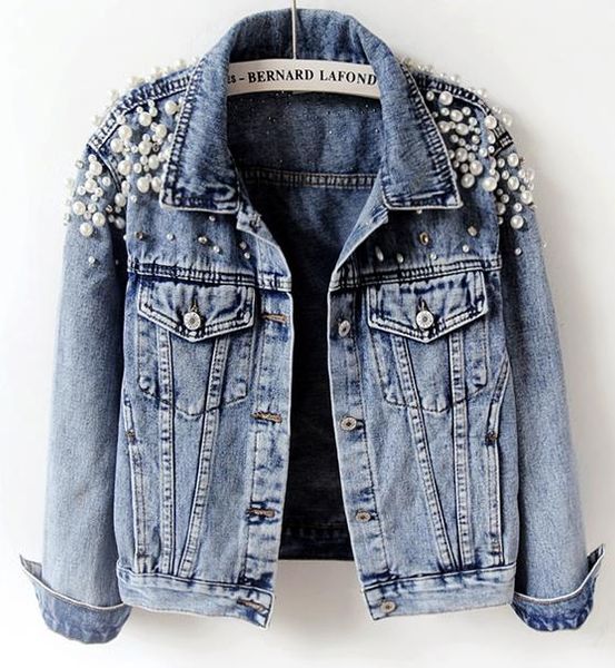 

women coats spring autumn denim jacket pearls beading fashion jeans coat loose long 898, Black;brown