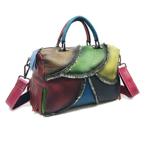 

retro totes women crossbody bags patchwork genuine cow leather zip bags 2020 new ladies fashion handmade colorful shoulder