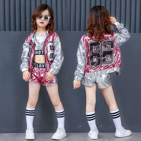 

kid sequin hip hop clothing hoodies shirt jacket tank crop shorts for girl jazz dance clothes costume ballroom dancing wear, Black;red