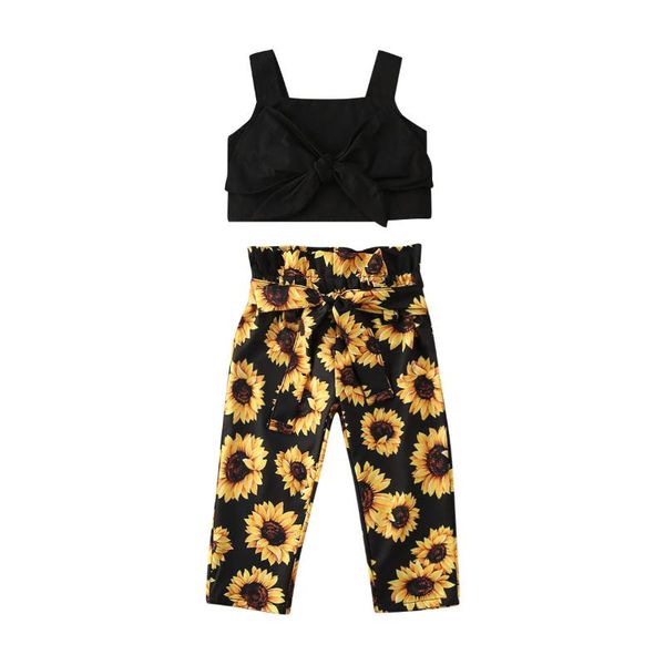 

1-6y kid baby girl clothing set sleeveless crop tank sunflowers print pants leggings outfit set tracksuit, White