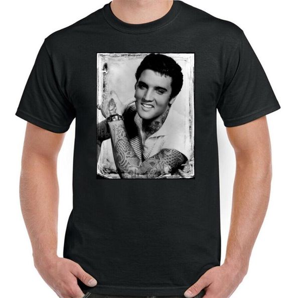 

elvis presley t-shirt with tattoos mens funny music rock n roll fashion wholesale o neck tee shirt, White;black
