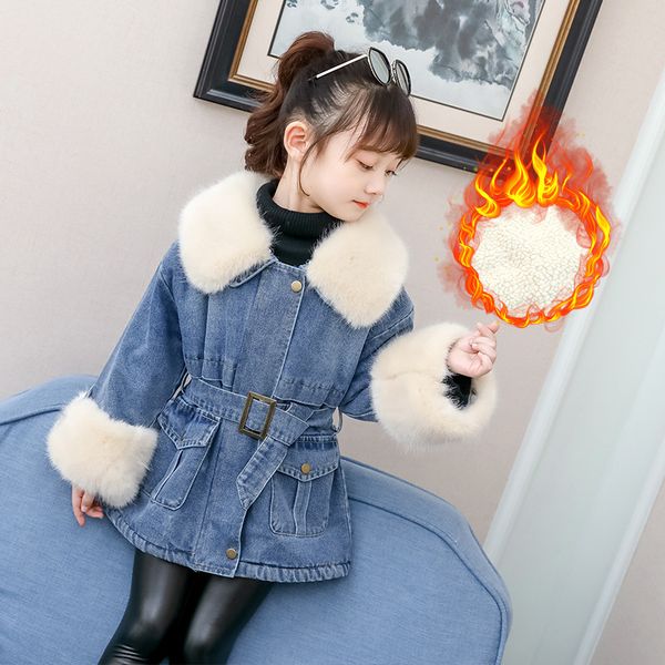 

brand winter faux fur jean girls coats warm plus velvet demin girls jackets thickening kids outerwear baby clothing, Blue;gray