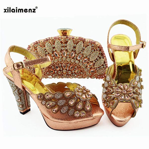 

2019 new peach color fashion rhinestone woman shoes and matching bag set african style pumps shoes and bag set for party, Black