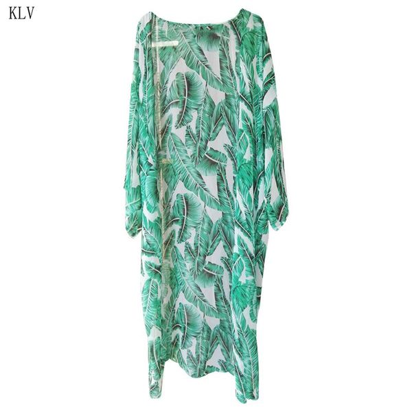 

womens summer chiffon semi-sheer maxi kimono cardigan green tropical banana leaves printed bikini cover up 3/4 sleeves open, White