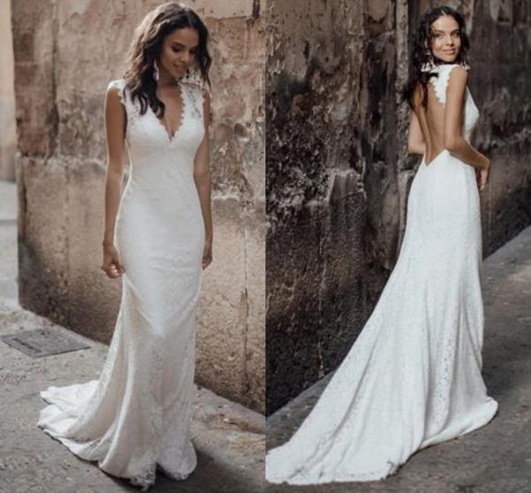 Deep V Neck Country Wedding Dresses Bridal Gowns Keyhole Back Lace