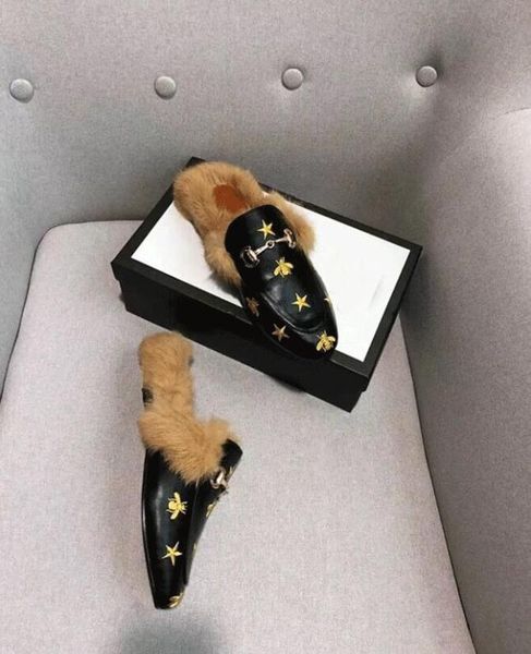 

2019 luxurious brand genuine leather mules princetown women fur slippers loafers fashion designer women metal chain casual shoes 35-41, Black