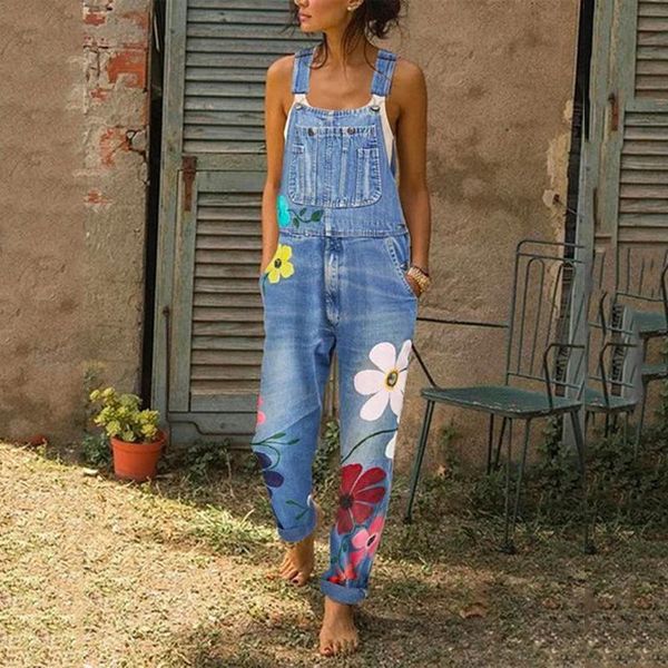 

women's jumpsuits & rompers jodimitty 2021 women florals printing jeans autumn straps neck light washed pockets overalls denim pants fu, Black;white