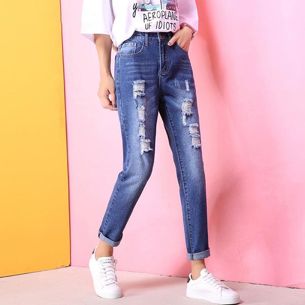 

fashion holes high waisted mom jeans retro solid washed denim scratched straight plus size pants women ankle length trousers, Blue