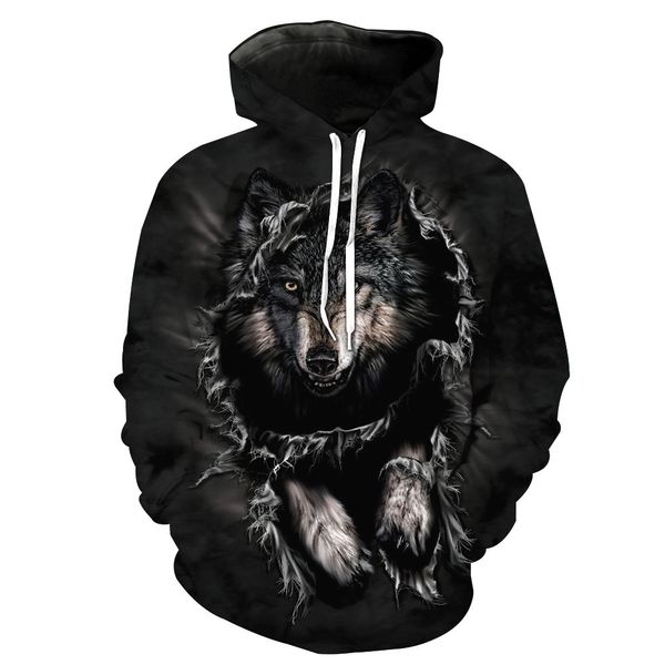 

New Trend Personalized Printing Series Mens Hoodie Pullover Sweatshirt Black Wolf 3D Digital Printing Casual Designer Hoodies Euro Size